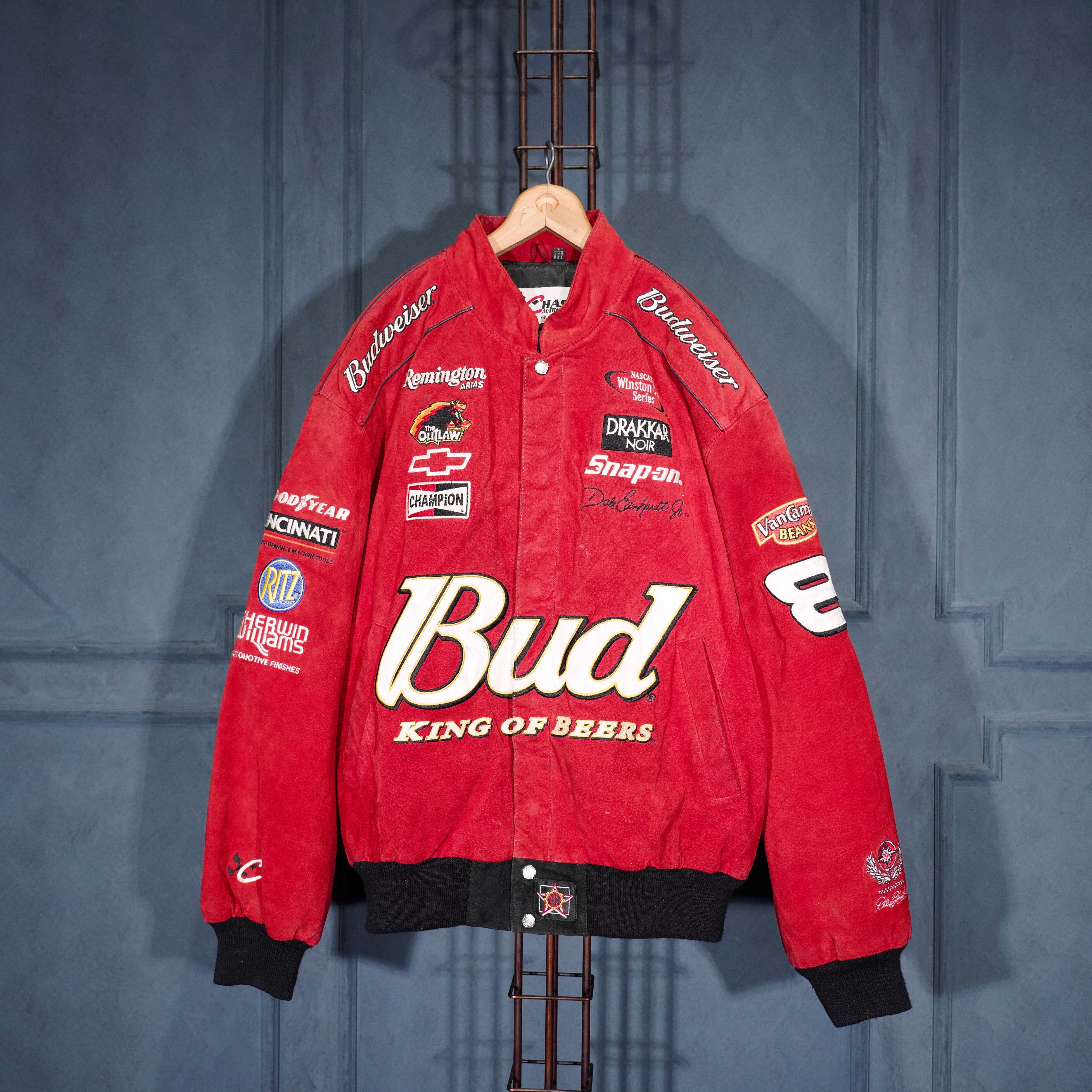 Budweiser リバーシブル レザー レーシングジャケット スタジャン 刺繍 USA VINTAGE CHASE AUTHENTICS JH DESIGN GROUP JEFF HAMILTON