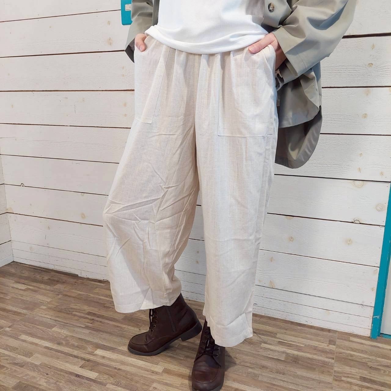 『People's』2405  麻レーヨンベイカーパンツ　フリーサイズ　ウエストゴム