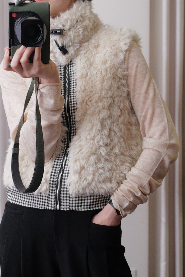 reversible fur check vest white black