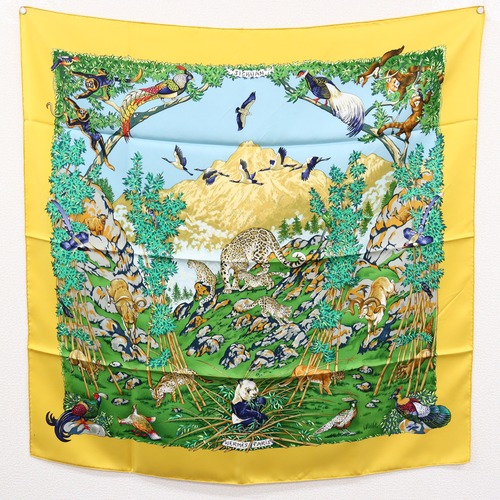 HERMES　エルメス　カレ90　四川省　sichuan　パンダ　動物　シルクスカーフ　豹　鳥　大判ショール　24-1216