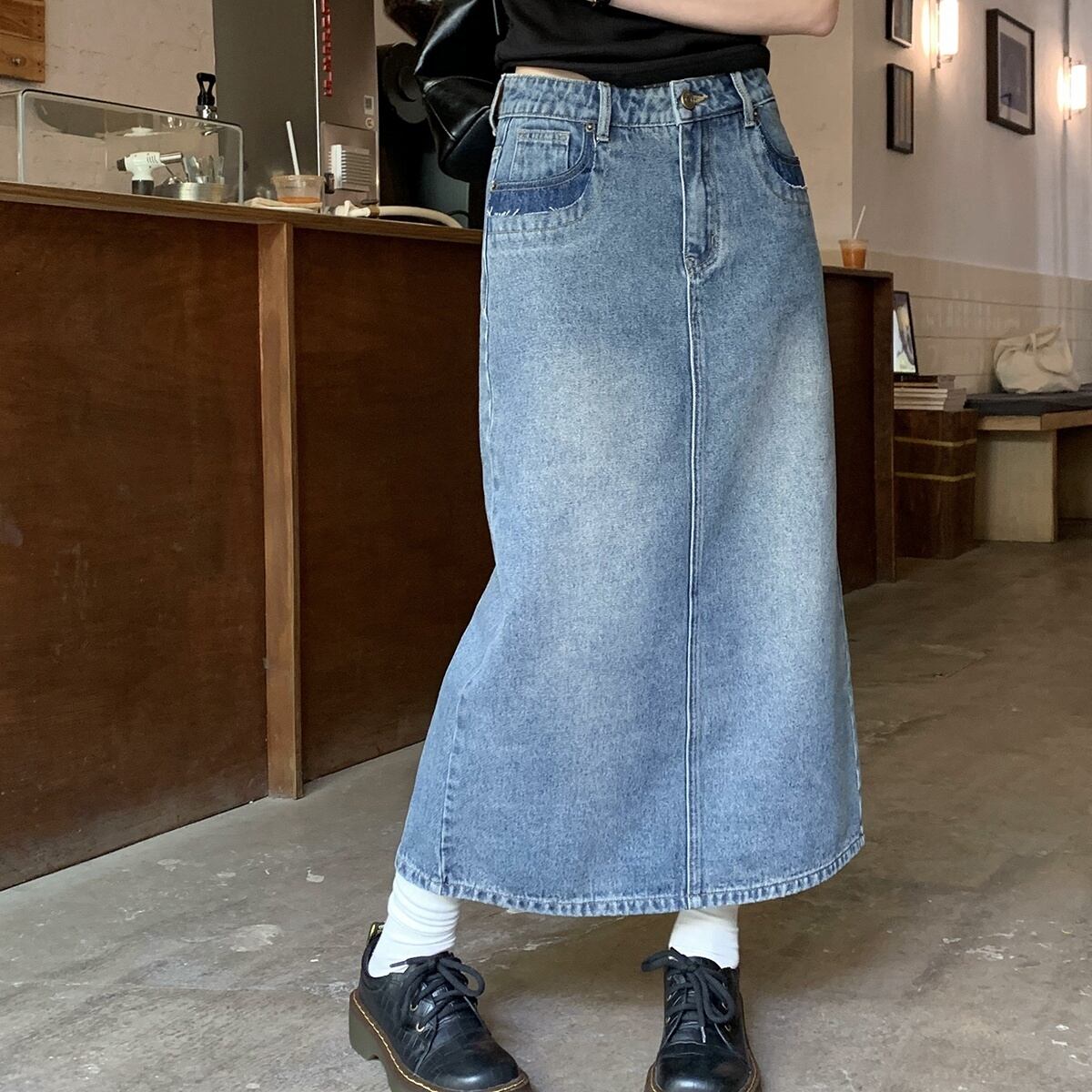 faux pocket denim skirt
