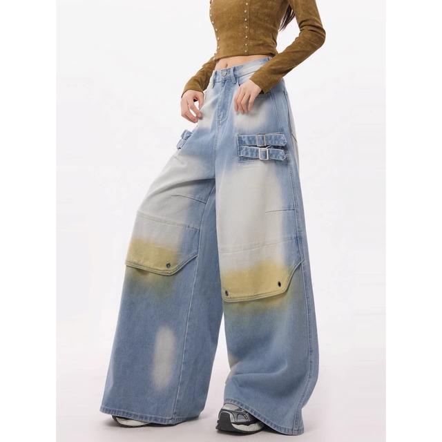 ダブルバックルフェードグラデーションルーズデニムパンツ 1col   R01873