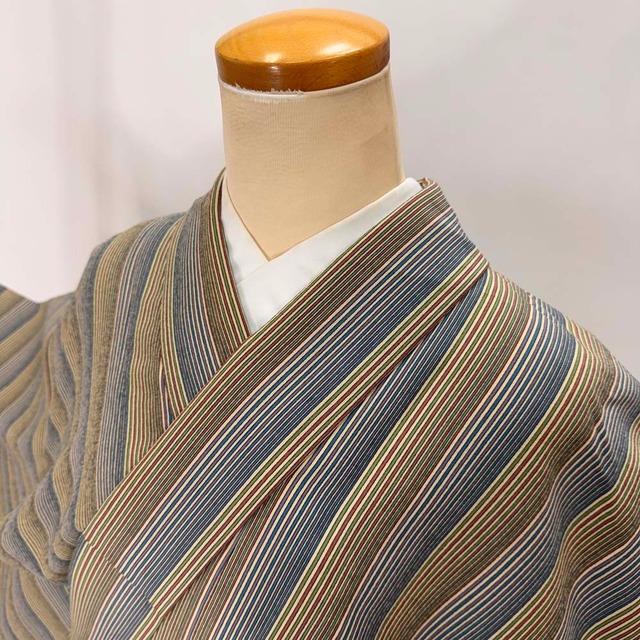 小紋 洗える着物 裄67.7cm 身丈163.5cm 花柄 袷 お洒落着 普段着 ポリエステル 黄色 緑 青 美品 L サイズ 5195