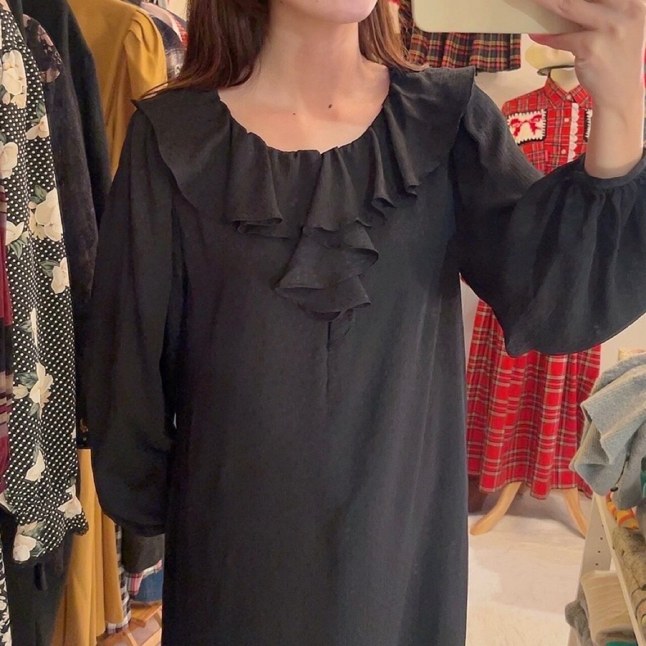 black frill collar flare one-piece