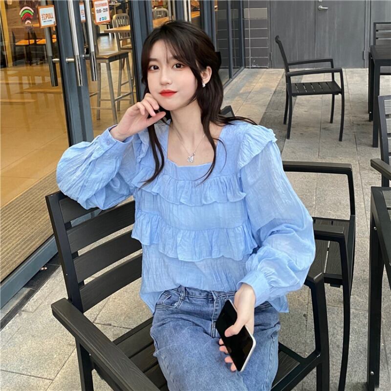 スプリングプリーツシフォンシャツ トップス ロング 春物 試着室25381278995