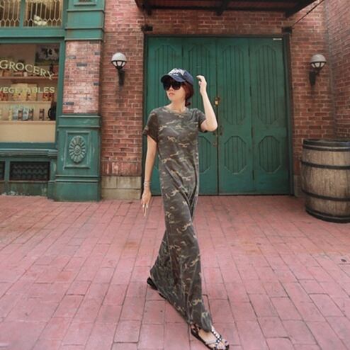 迷彩柄 マキシワンピ Tシャツワンピ ロングワンピース カモ柄 ポケット付き A561 Cunead