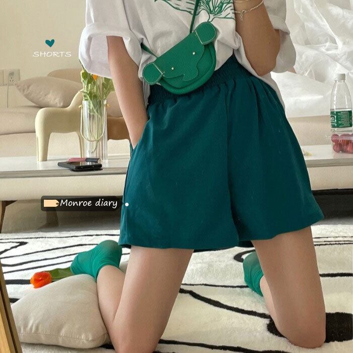 グリーンハイウェストウェストカジュアルショーツ 薄手サマールーズパンツ 夏物 ブルマー モンロー28372346491
