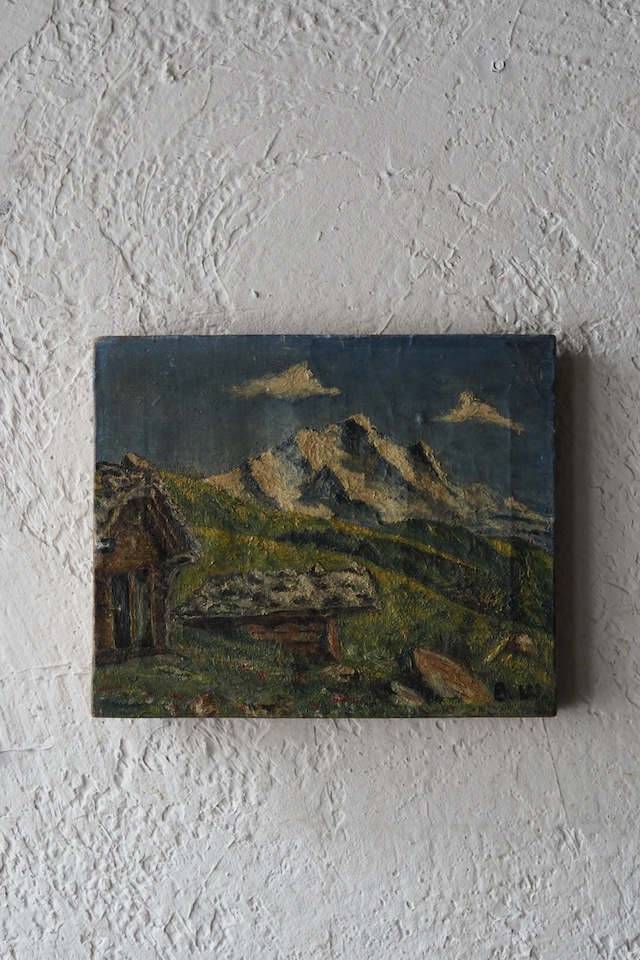 雪山を望む小さな油絵-antique oil painting