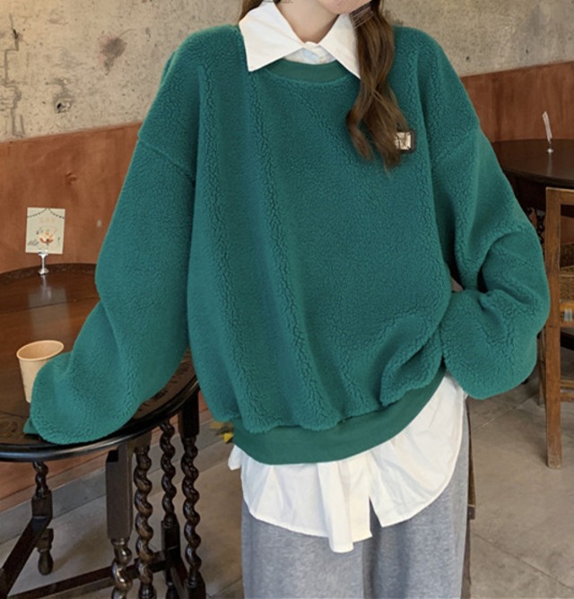 全２色 シャツトレーナー風 重ね着風 フェイク2ピース カラーマッチング 長袖 パーカー 韓国風 カジュアル ゆるっと