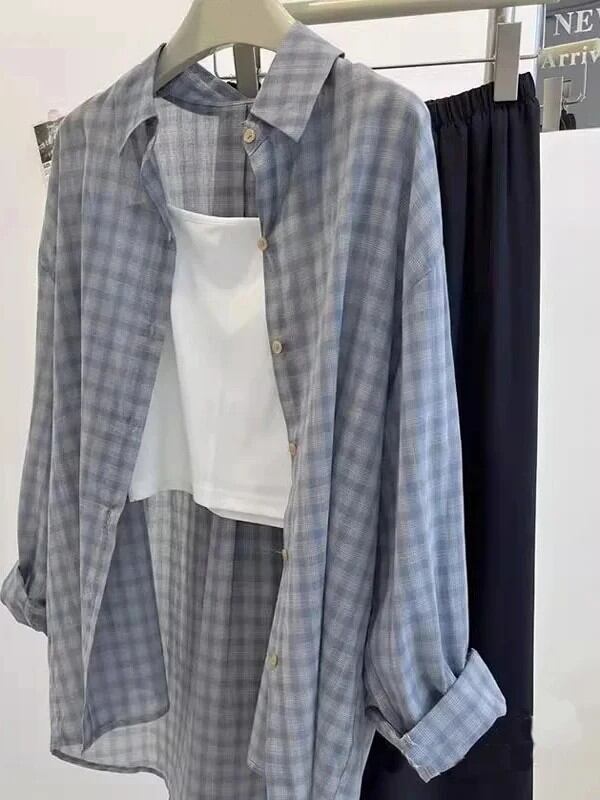 レディース 薄手UV対策シャツ ミディ丈 チェック柄 ルーズフィット 長袖 韓国風