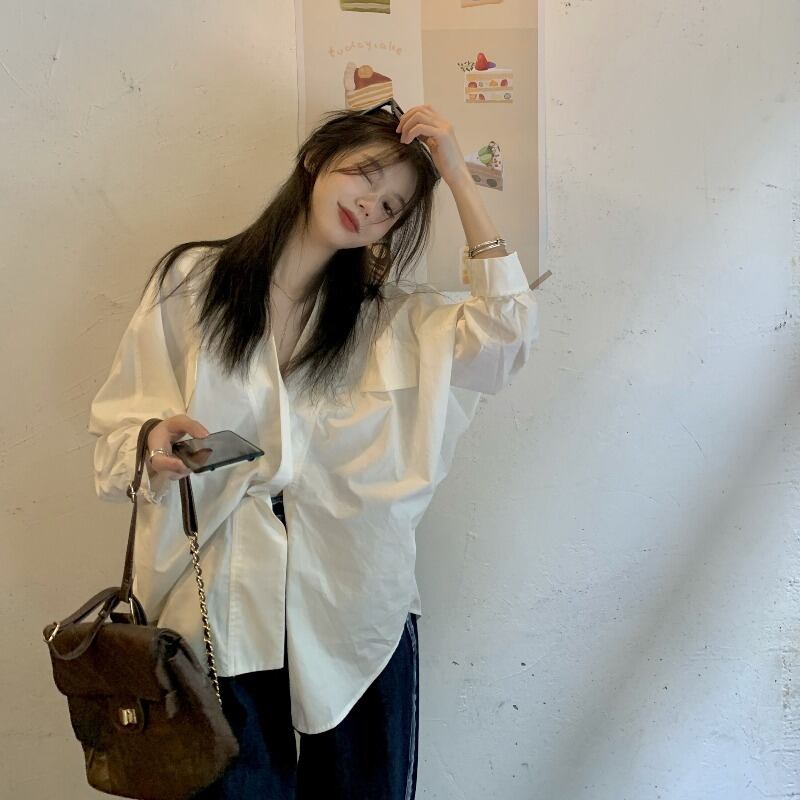 スタンダードVネックシャツ オータム薄手スタイル ロング レトロ 秋物 モンロー6778608592