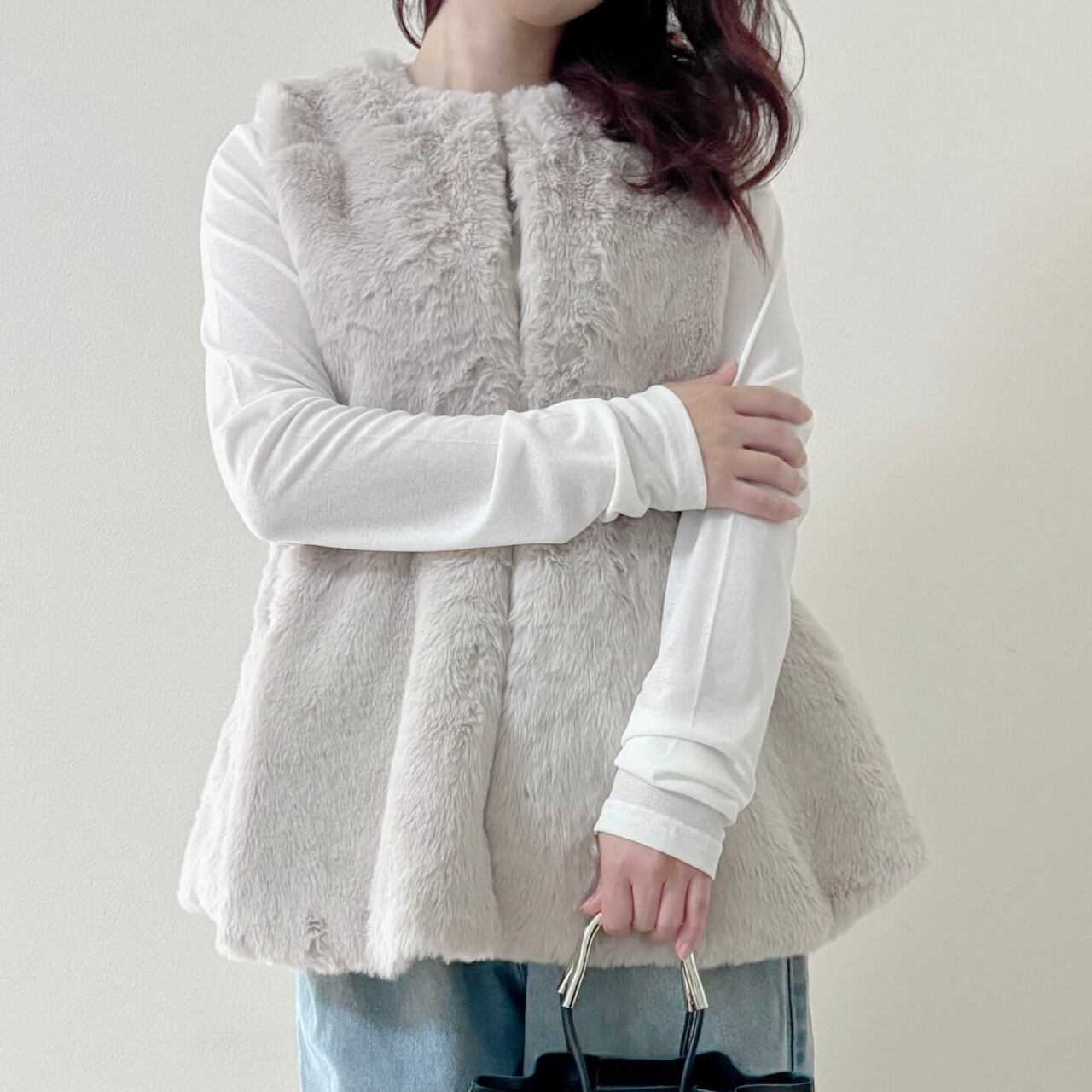 ノーカラー ペプラム ファー ベスト 3410009