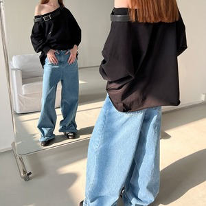 裾ロールウォッシュドブルーベーシックルーズデニム　LT0040043