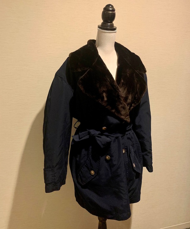 【送料無料】80's-90's Navy Fur Collar Double Breasted Coat