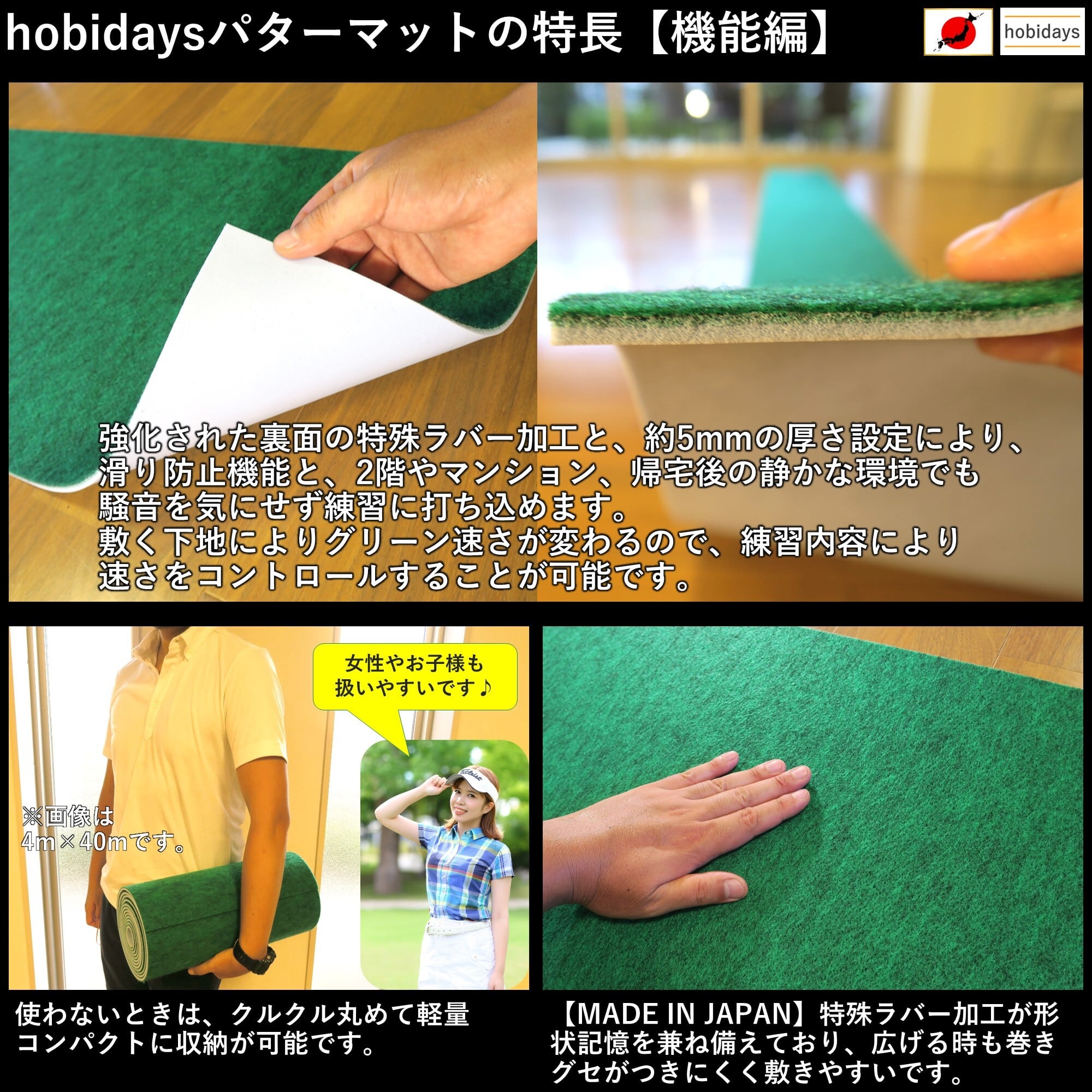 ゴルフパターマット 2m×20cm 超高速本格芝生【日本製】hobidays ホール