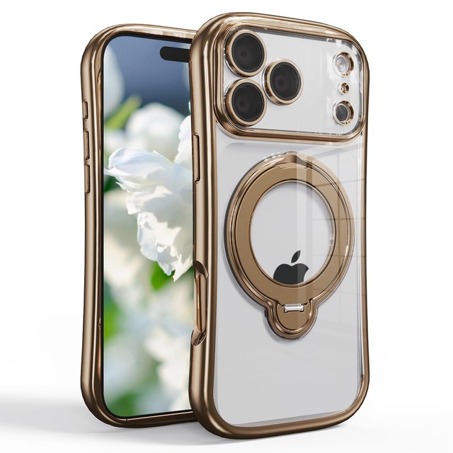 [JOOBOY] スマホケース 対応 iPhone 18 Pro Max ケース クリア MagSafe対応 360度回転スタンド機能 透明 メッキ加工 キラキラ かわいい TPU ソフトケース 圧倒的耐衝撃性 薄型 傷防止背面 滑り止め 指紋防止 ストラップホール付き アイフォン18プロマックス 携帯電話カバー (ゴールド, 18Pro Max)