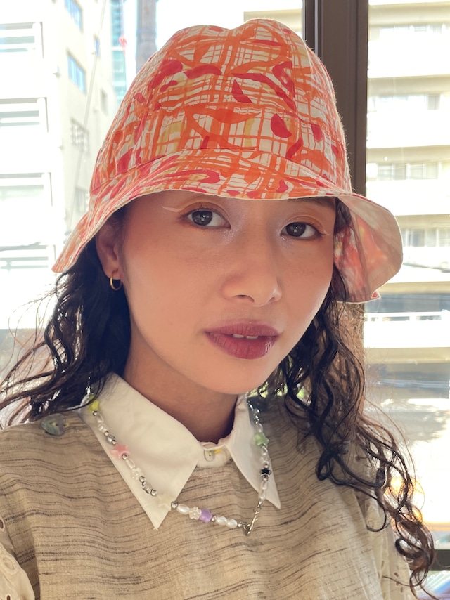 Reversible bucket hat " block print orange flower & check" organic cotton 2023SS 予約商品