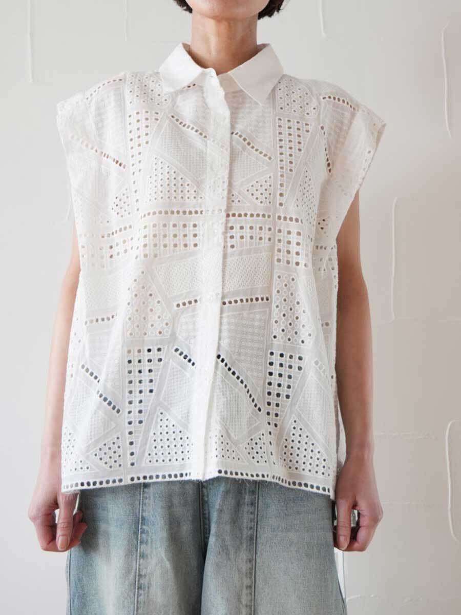 425. LePujuセレクト カットワークレースシャツ(オフホワイト/ブラック) 17608