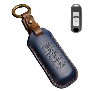 【特価処分】互換/代替品 キーケース マツダ用 スマートキーケース キーカバー 3ボタン 本革 キーホルダー (ブルー)