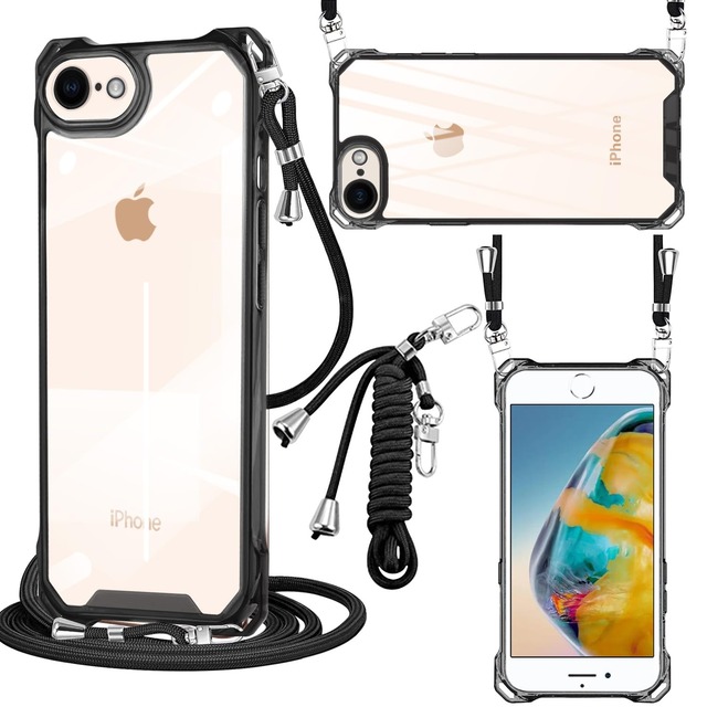 対応 iPhone SE2/SE3/8/7 ケース クリア ショルダー PC 背面 + TPU バンパー 二層構造 首掛け 肩掛け 斜めかけ