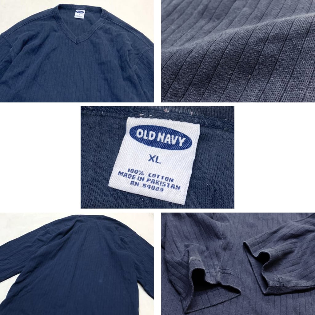 1点物◇GAP系オールドネイビー紺リブサーマル長袖ロンTシャツVネック