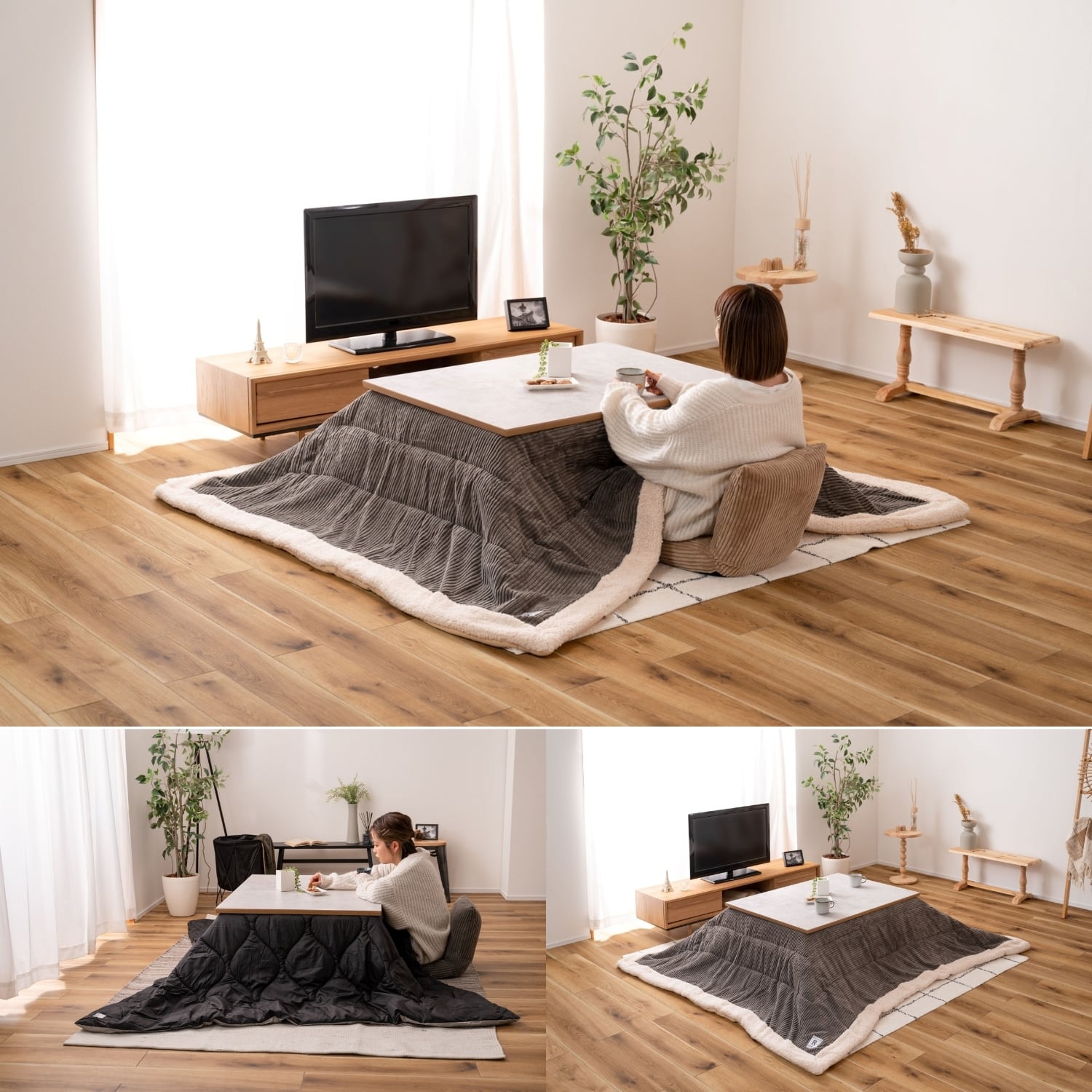 大理石調×天然木フラットヒーターこたつ／W105×D75 高さ36/40 cm 継脚