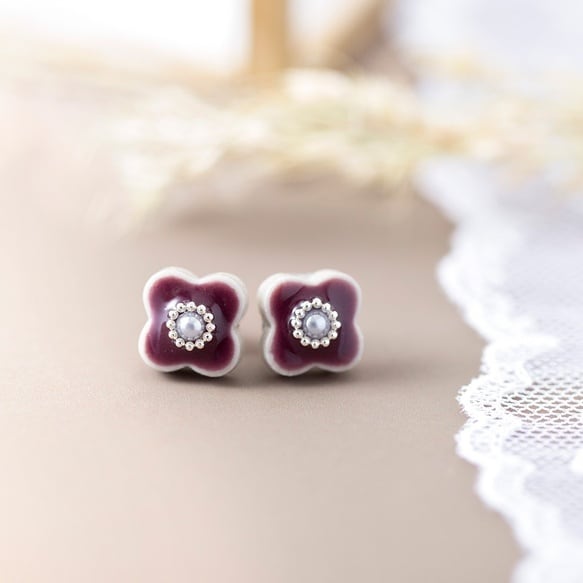 美濃焼陶器 小花 パール ピアス / イヤリング｜杜若（かきつばた