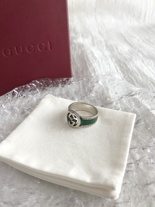 GUCCI グッチ 指輪 22号 エナメルグリーン インターロッキングG 925 リング vintage ヴィンテージ オールド kxthb4