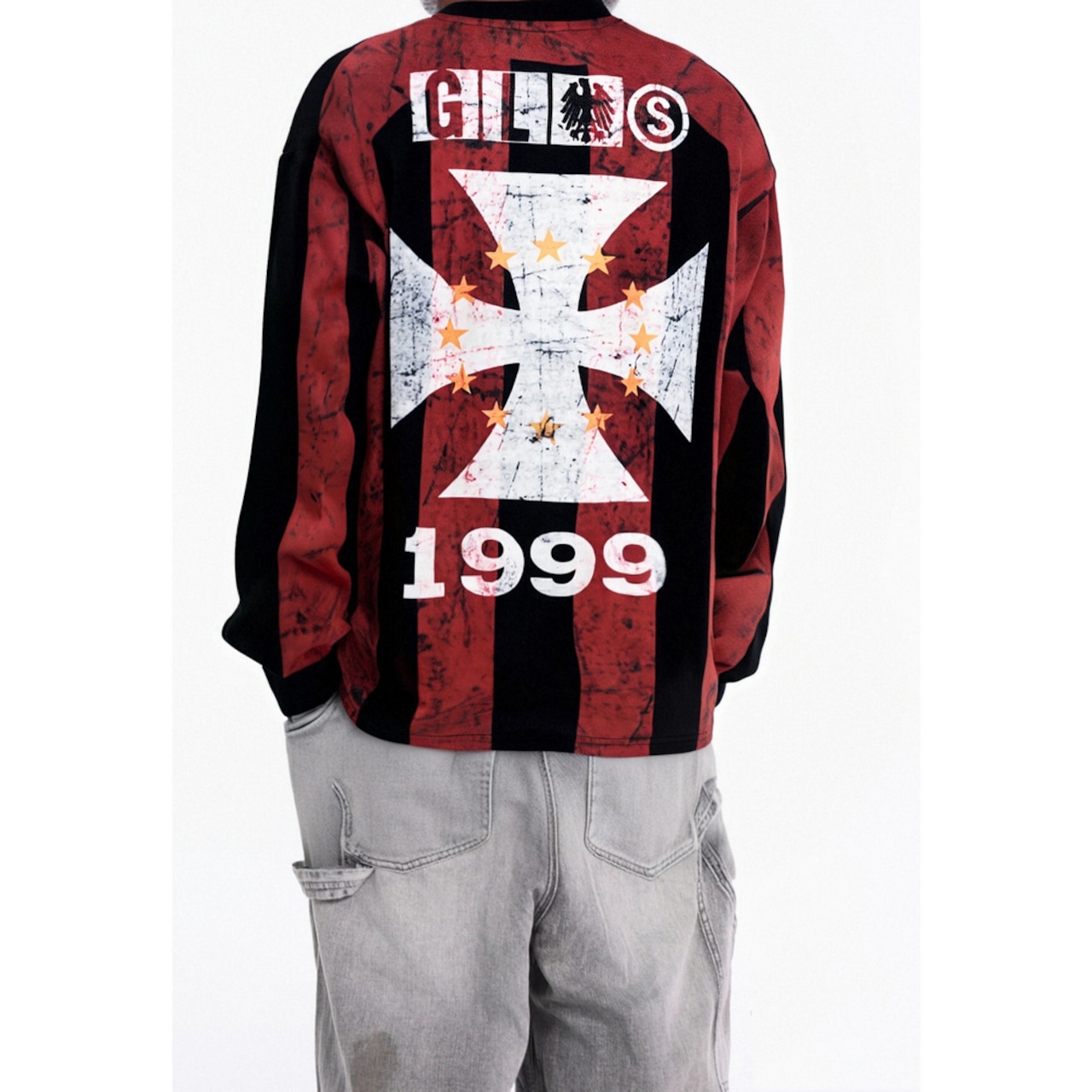 ストリート GLFSストライプクロスVネックメッシュ ロングTシャツ T1806