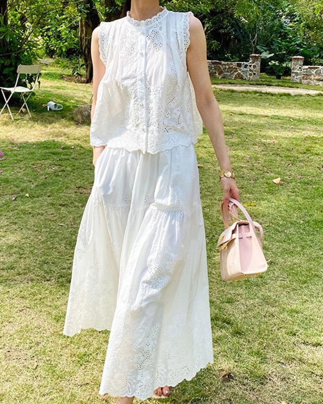 コットンティアードパンチングレースロングスカート　3294