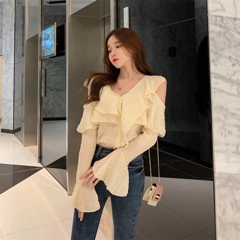 2020年初春新作フリルシャツ無地長袖フレアスリーブシャツ女性デザインセンスニッチシャツトレンド 1号婦人1577415334