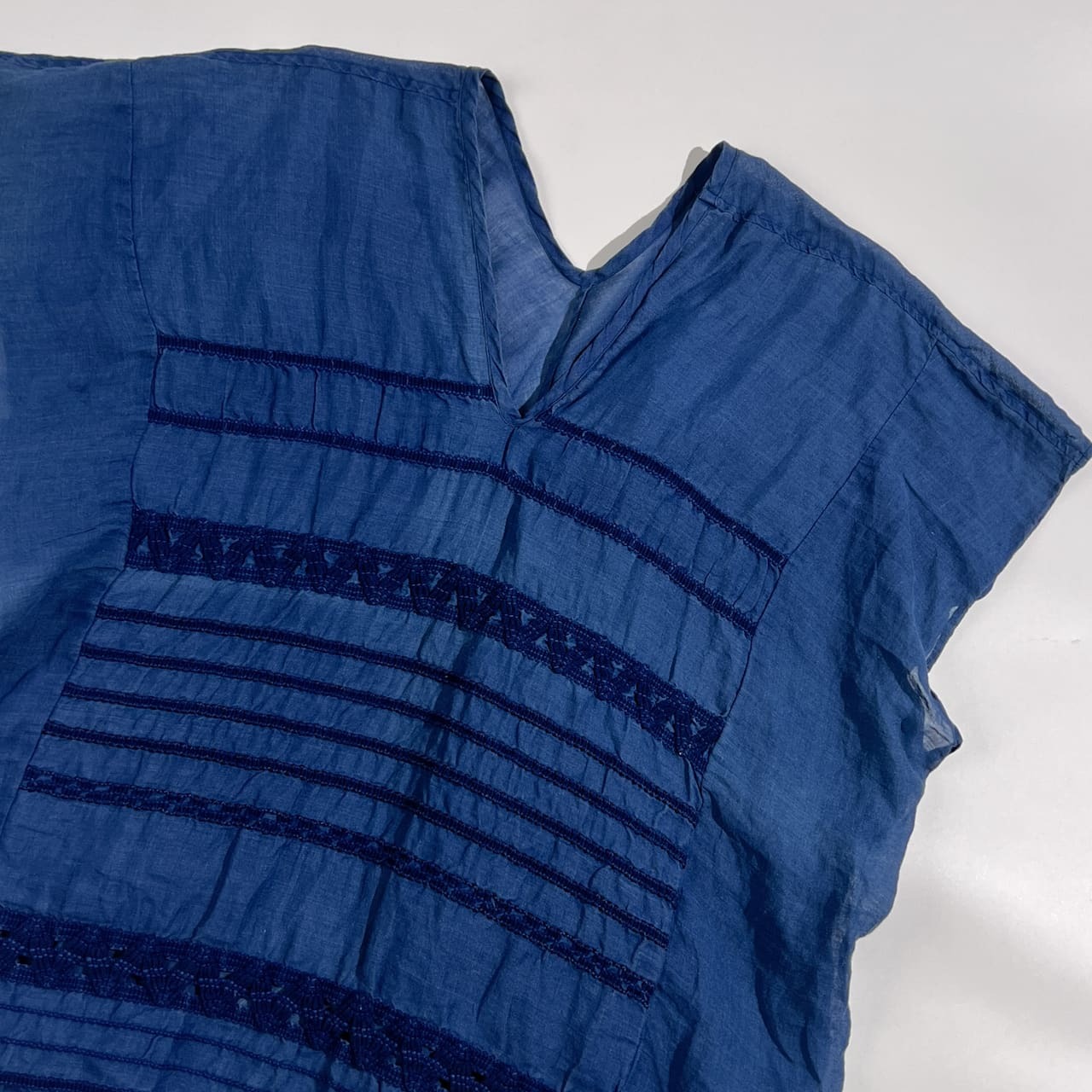 リネン100% ZUCCA ズッカ  Vネック フレンチスリーブ ブラウス M/ネイビーブルー系 レディース