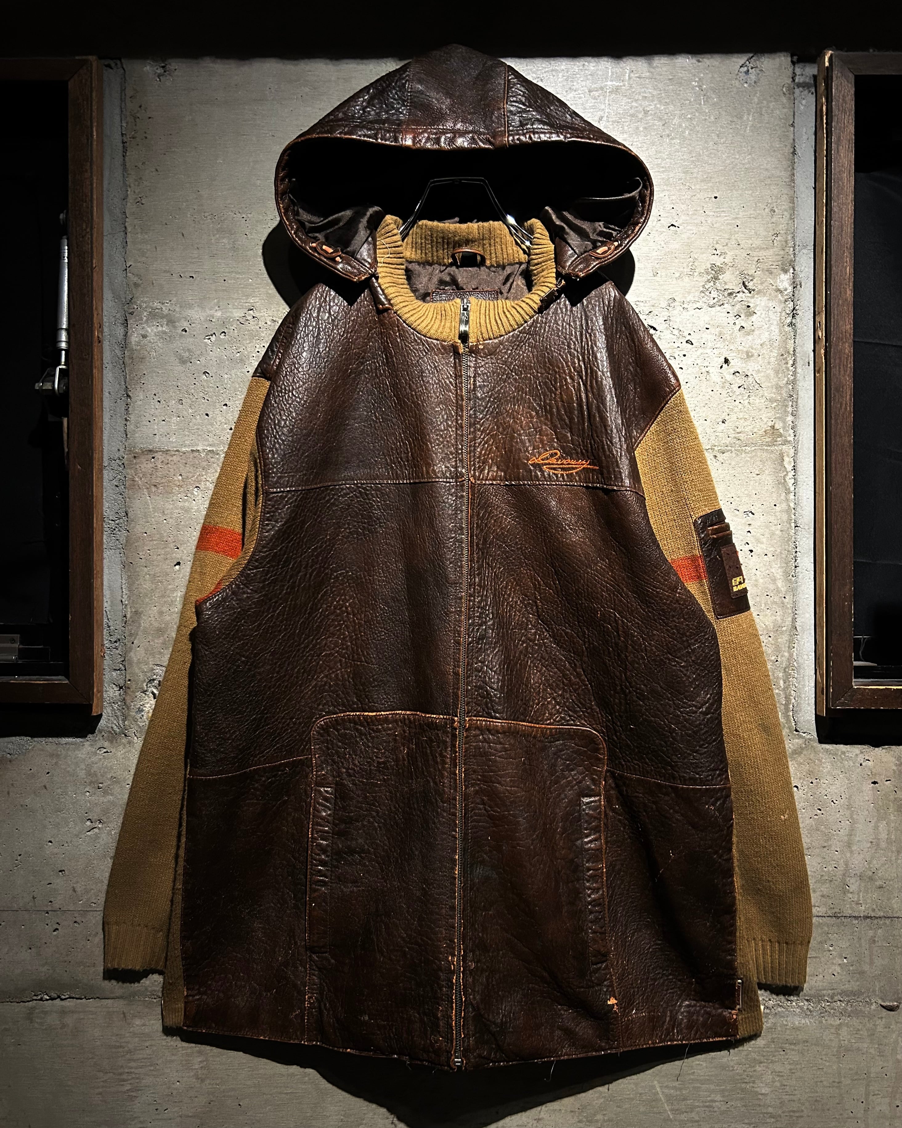 Caka】“DAVOUCCI” Leather Switching Zip Knit Hoodie | Caka(カカ