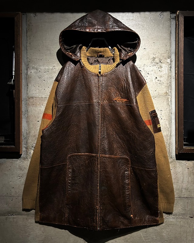 【Caka】“DAVOUCCI” Leather Switching Zip Knit Hoodie