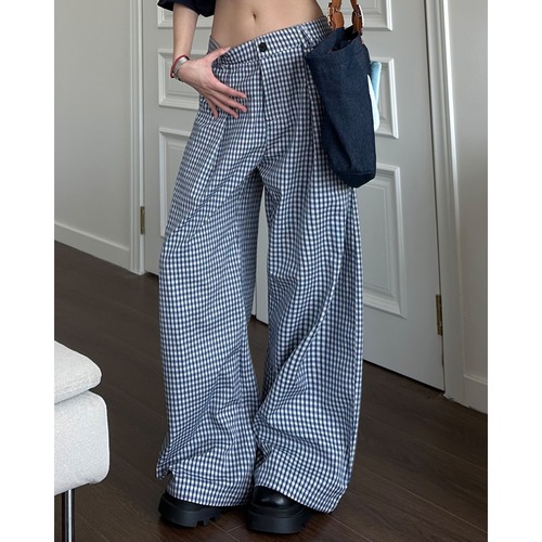 blue gingham check tuck pants　ブルーギンガムチェックタックパンツ　J0887