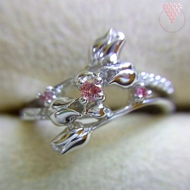 0.030 ct Fancy Intense Pink 天然 ピンク ダイヤモンド チューリップ デザイン リング K18WG