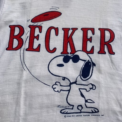 70's Champion チャンピオン SNOOPY リンガーTシャツ スヌーピー 染み込み BECKER カレッジ バータグ 後期 ホワイト  ネイビー トリム SMALL USA製 希少 ヴィンテージ BA-973 RM1342H | agito vintage powered by BASE