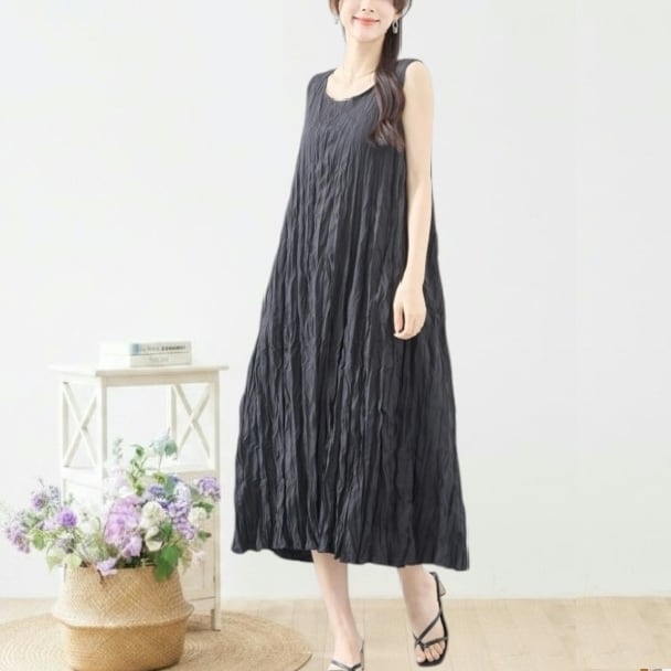 ワンピース ワッシャー ノースリーブ マキシ N82-749 TRUBE M L ブラック fmsd 上品 ゆったり 体型カバー きれいめ ミセス 春夏