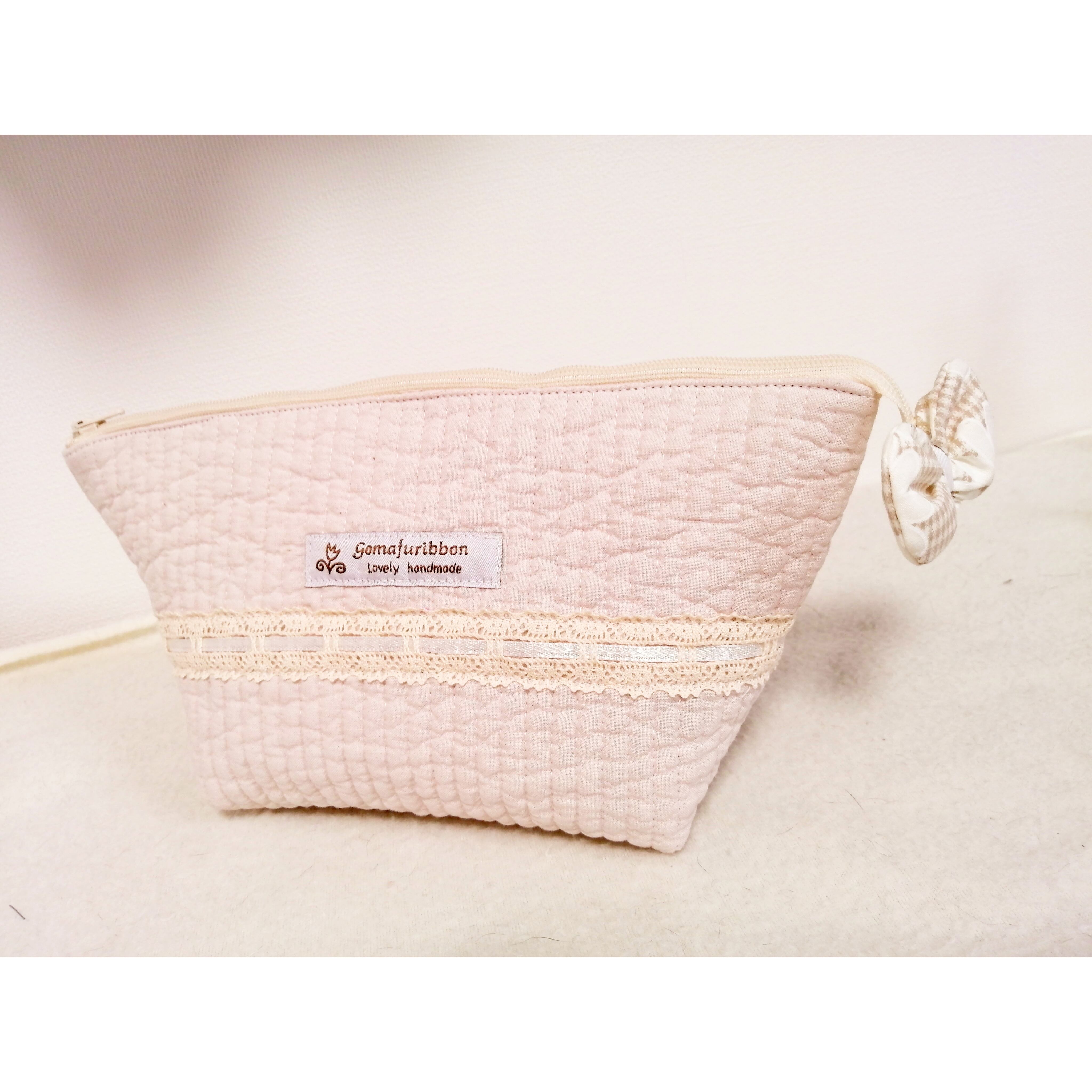 ヌビキルトのリボンポーチ ライトベージュ