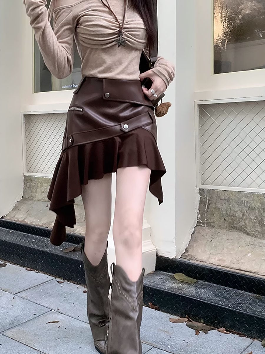 全色 PUレザードッキングアシンメトリーミニスカート ミニスカ ミニ