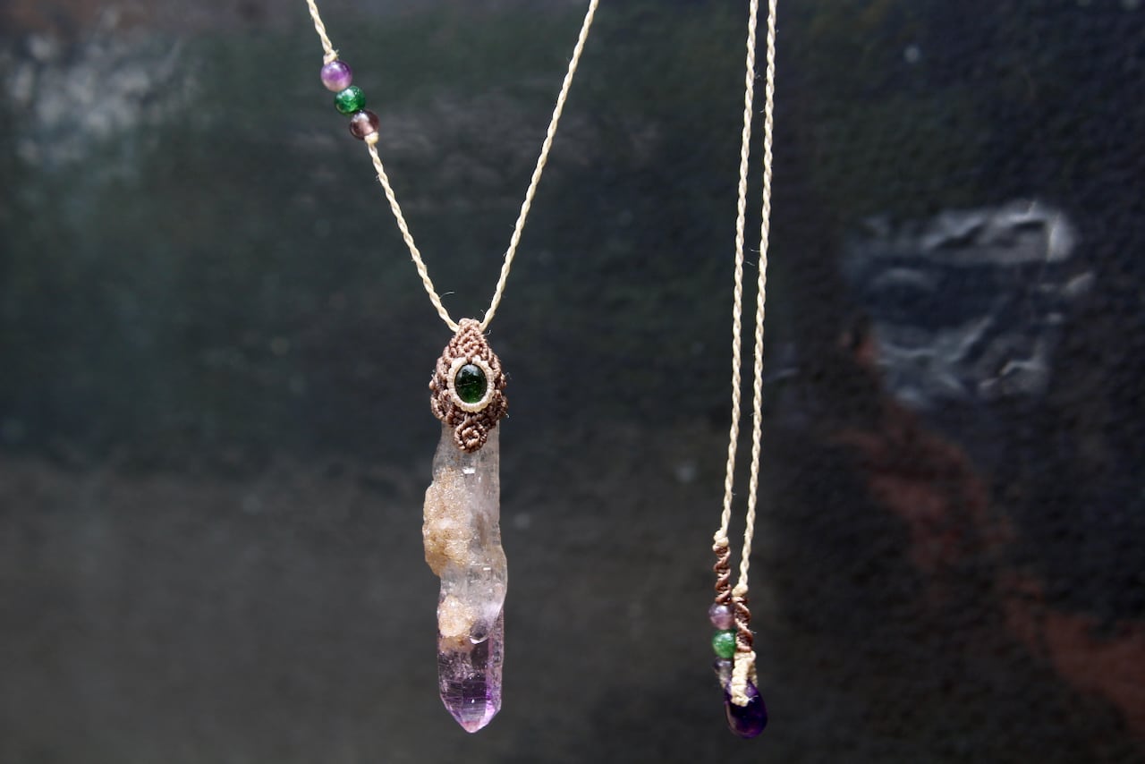 Amethyst point & Chrome Tourmaline  micro macrame pendant
