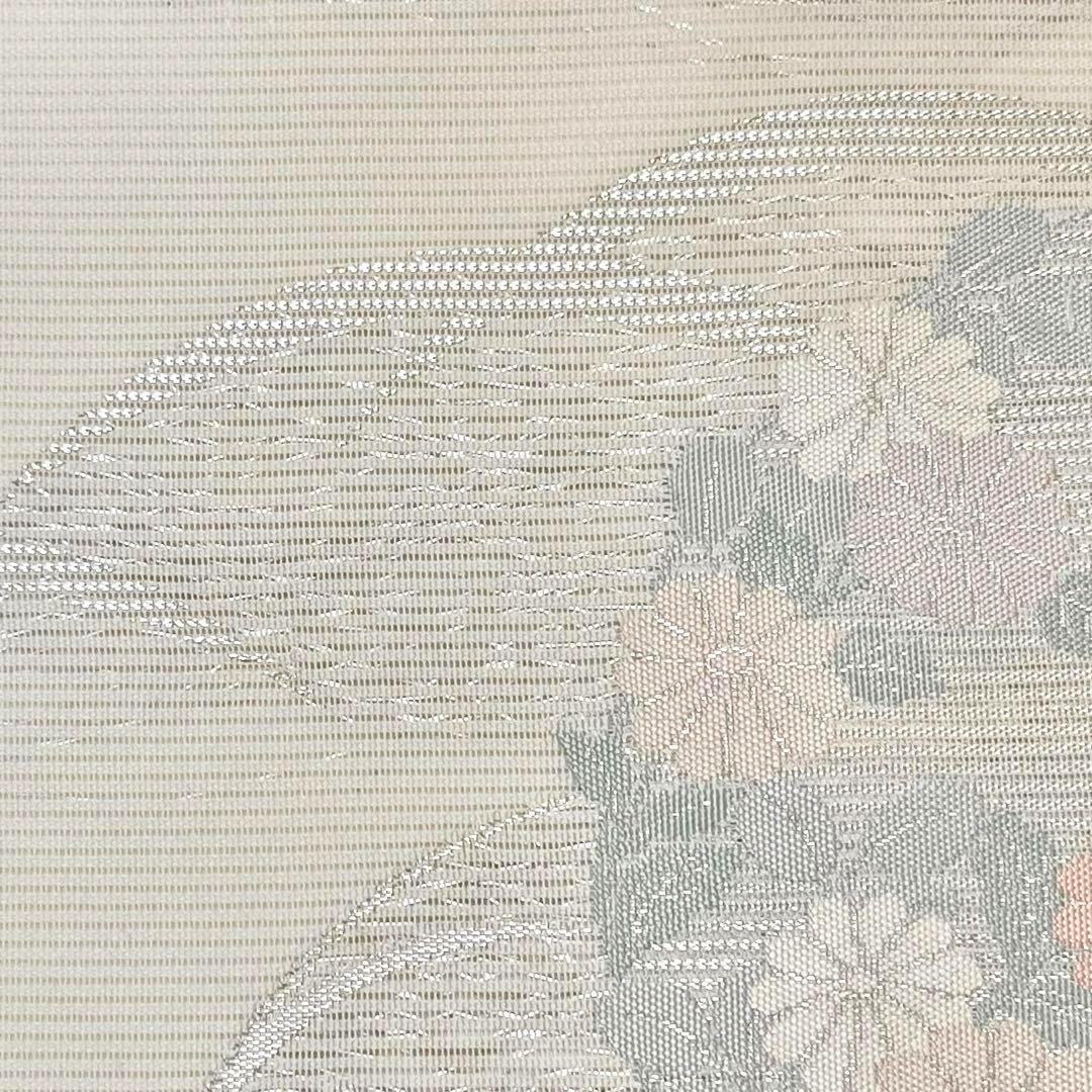 夏帯 名古屋帯 絽 花模様 桔梗 菊 銀糸 乳白色 O-3749 | リユース着物  