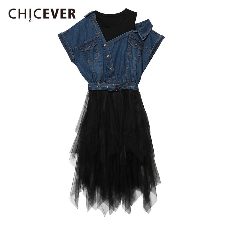 CHICEVERサマーパッチワークメッシュデニムドレス女性オフショルダーOネックウエスト包帯ミディドレス 夏物 6base570463259217
