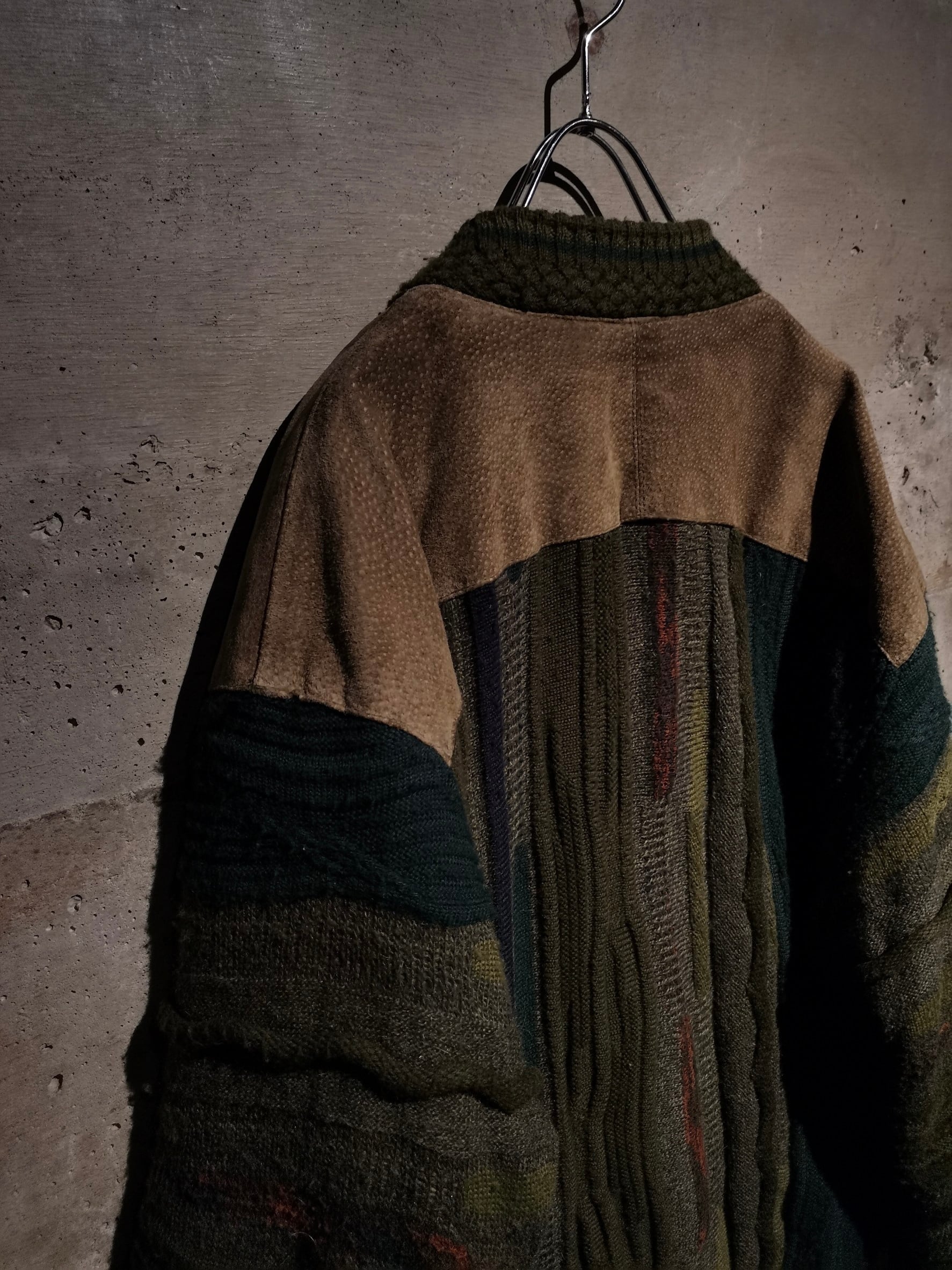 Caka】Suede Leather Switching Vintage Loose 3D Knit Cardigan 