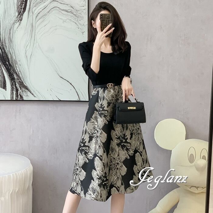 フェイク ワンピース ドレス 切替 ラウンドネック Aライン ひざ丈 ♪(M6114)ζ