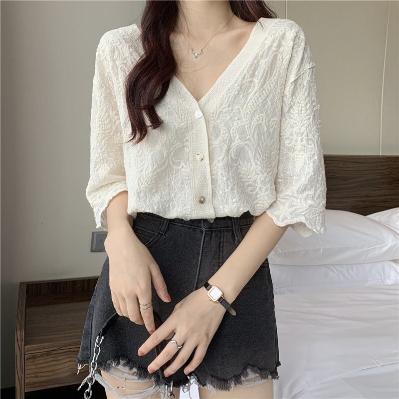 シャツ サマー薄手ホワイトVネックスリーブトップス 夏物 1号婦人60041183612