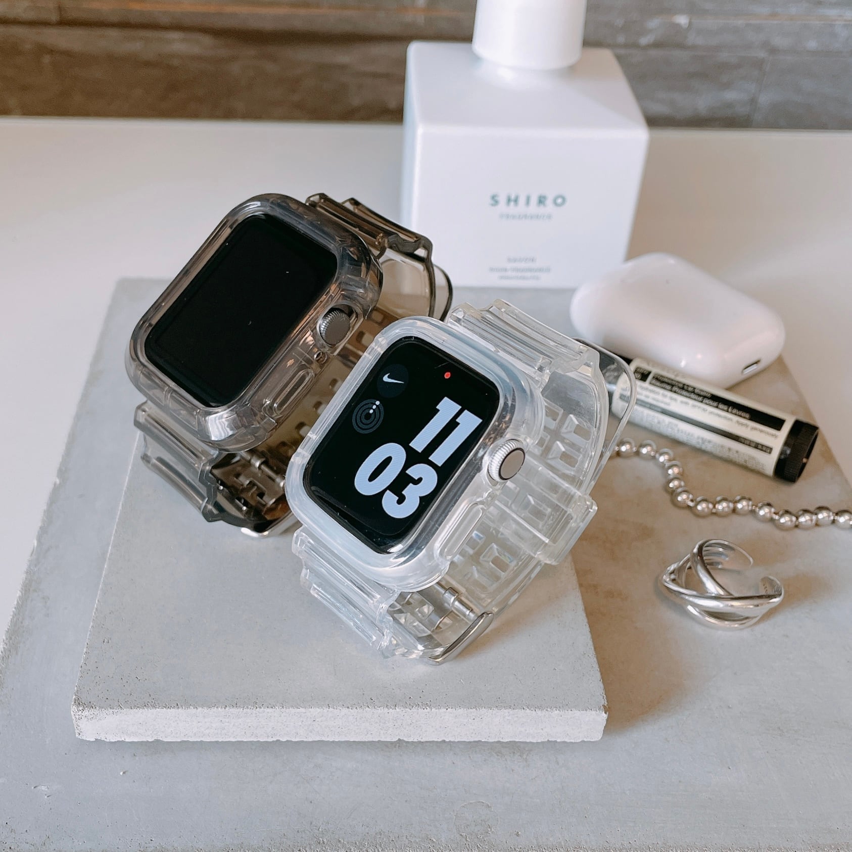 Apple Watch クリアバンド クリアベルト 透明 45mm - 時計