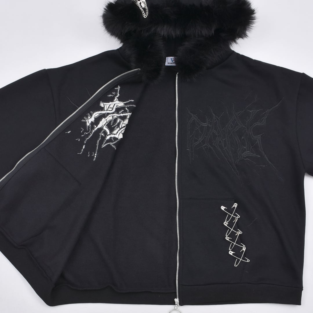 12/15新着】サブカル刺繍☆猫耳フードファーZIPパーカー(裏起毛