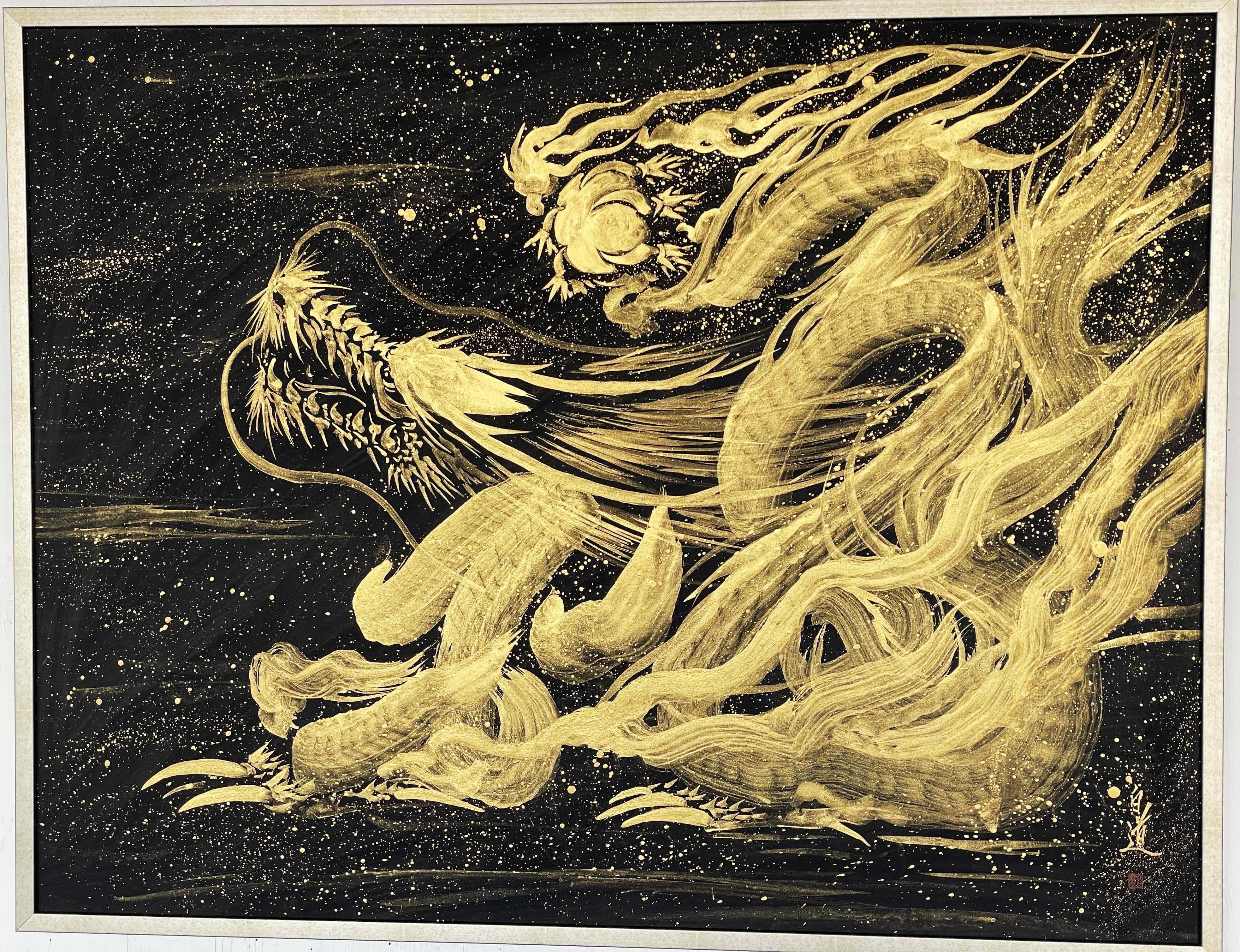 現代水墨画家 絵師白道 「一筆金福龍」（岩絵の具） 直筆作品 証明書