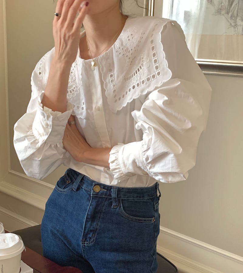 小顔効果の期待大♪ ビッグカラー 袖フリル ブラウス トップス シャツ